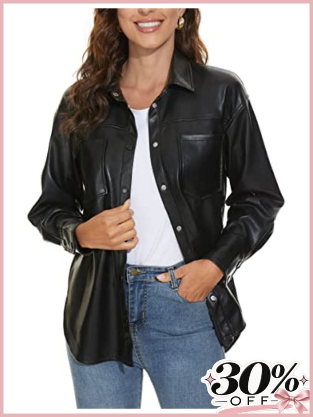 Faux Leather Shacket Moto Biker Jacket Loose Fit Long Sleeve